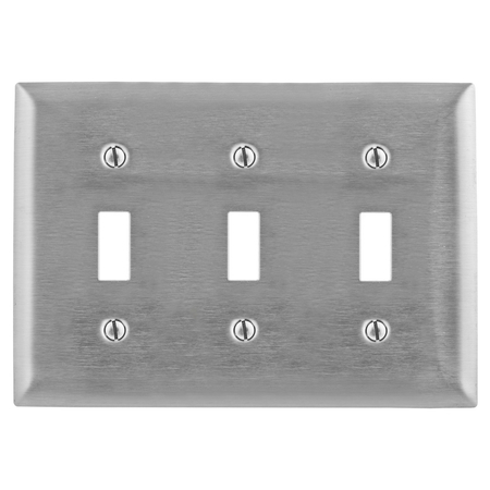 HUBBELL WIRING DEVICE-KELLEMS Wallplates and Boxes, Metallic Plates, 3- Gang, 3) Toggle Openings, 430 Stainless Steel SS3L